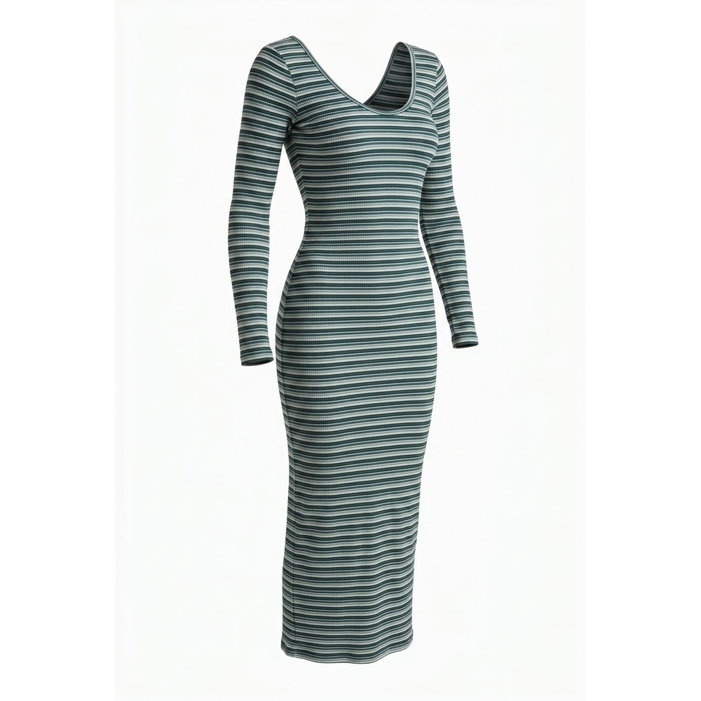 American Eagle Green Striped Ribbed Knit Scoop Neck Maxi Dress Long Sleeve XS